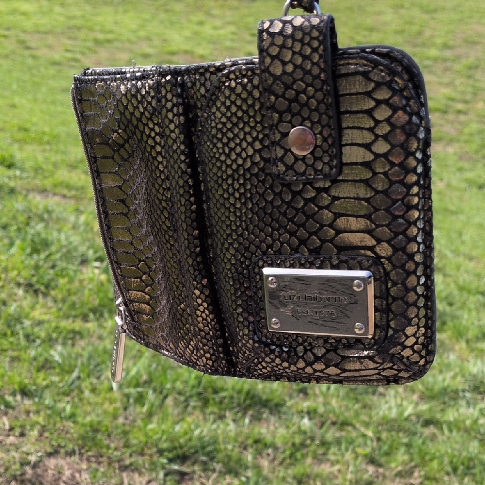 Liz Claiborne Metallic Gold and Black Snake-Embossed Wristlet